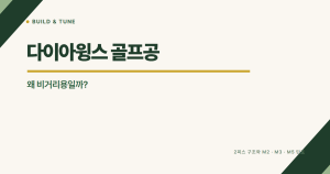 크림색 배경의 BUILD & TUNE 대표이미지. “다이아윙스 골프공, 왜 비거리용일까?” 제목과 2피스 구조·M2·M3·M5 탄도 문구